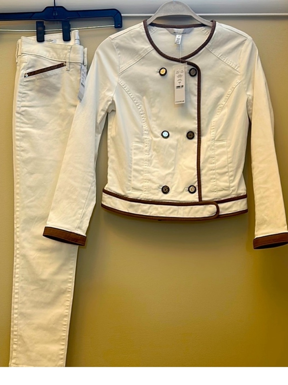 White with Brown Trim Jacket and Cropped Pants